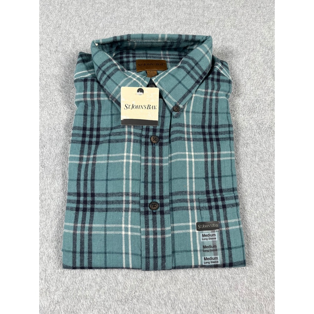 St. Johns Bay Mens Flannel Shirt Medium Hydro Teal Window Plaid Long Sleeve NEW
